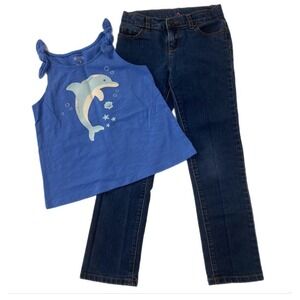 365 Kids Garanimals Dolphin Tank Top and Jeans Set Girls Size 8 Blue Denim